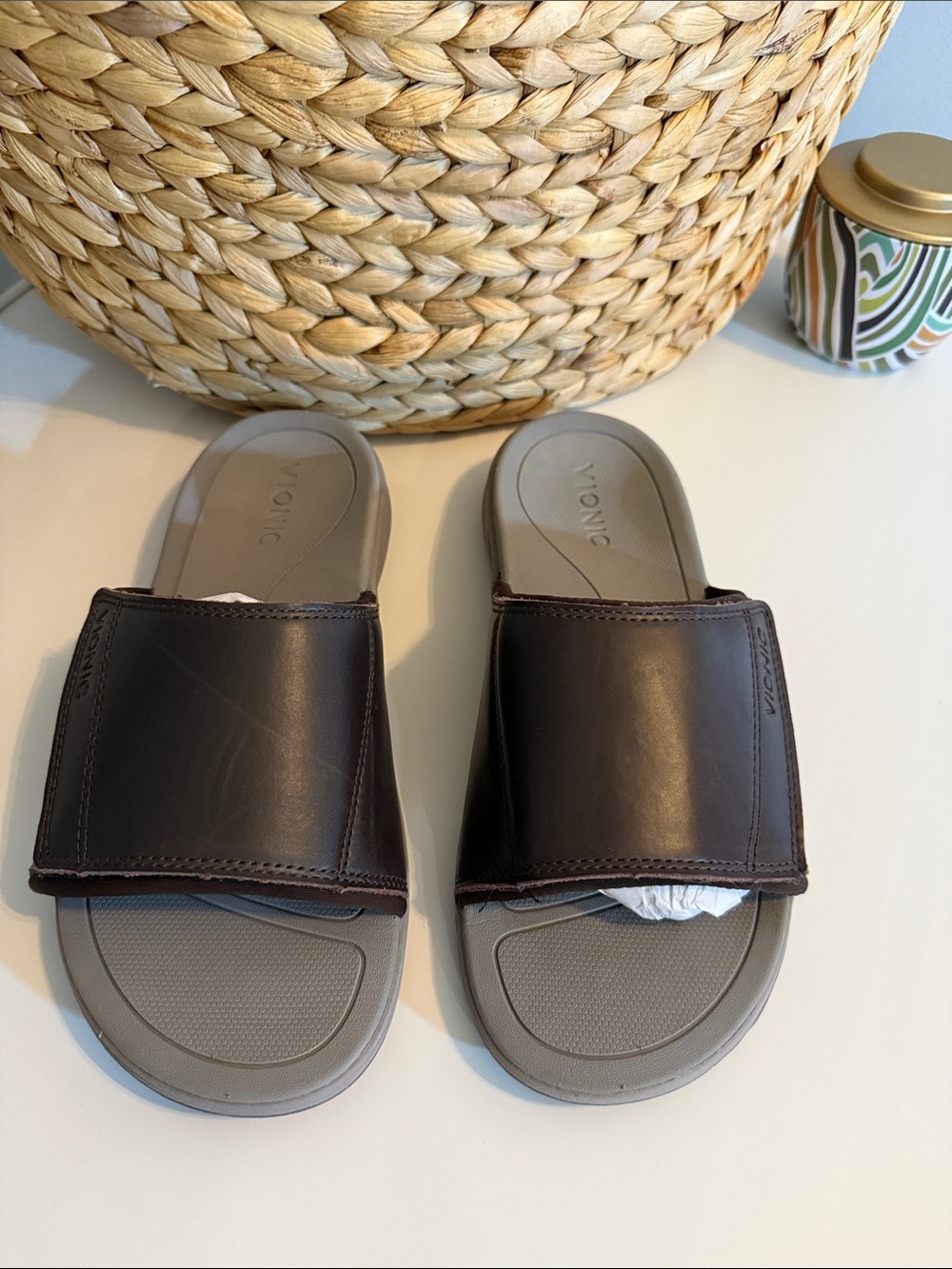 Vionic Men's Dark Brown Slide Sandals with Gray Footbed